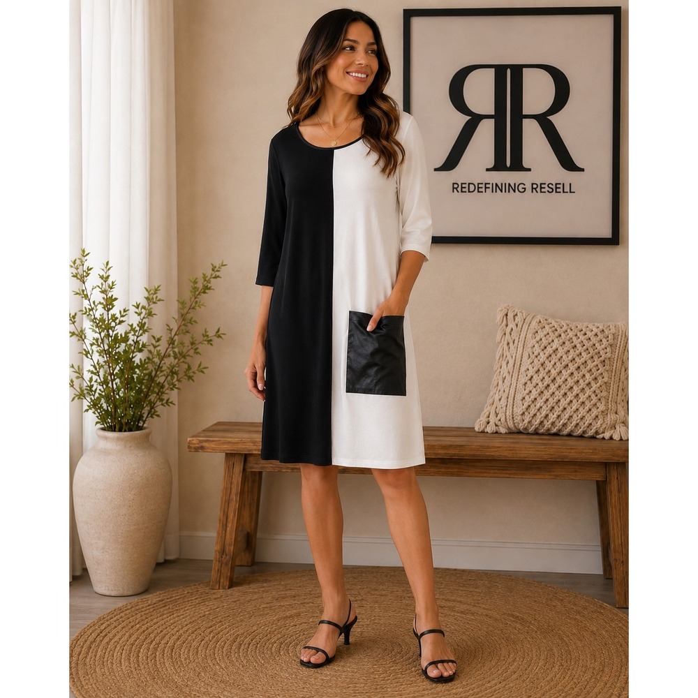 Sympli Black Ivory Colorblock Patch Pocket Dress 28138CB-2 NWT Womens 14
